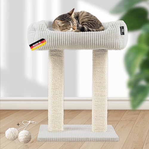 Rohrschneider moderner Kratzbaum Wolly | Made in Germany | Kleiner Katzenbaum mit 2 Breiten Kratzsäulen aus Vollholz | Katzenbett mit Kissen aus Cord | versch. Farben (Cordstoff breit beige) von Rohrschneider