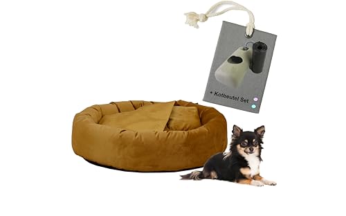 Rohrschneider waschbares Hundekissen Denver Kuschelhöhle | Weicher Samt Hundebett S (für kleine Hunde), Senf 50cm, inkl. Gassibeutel, Antirutsch & Wendbar von Rohrschneider