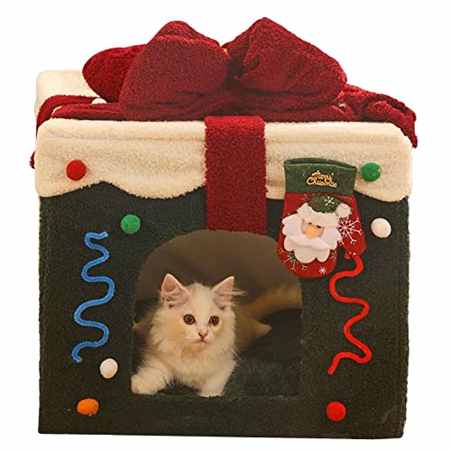Weihnachtskatzenbetthaus - Hundehöhle mit herausnehmbarem Kissen | Selbstwärmende Katzenhöhle für den Innen- und Außenbereich, warmes Bett für Kätzchen und kleine Hunde von Rolempon