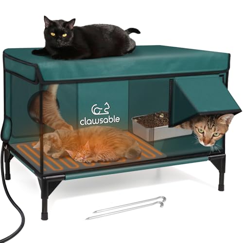 Heizendes Katzenhaus für Outdoor-Katzen, wasserdichtes und isoliertes Katzenhaus für den Außenbereich, mit Futternapf, Outdoor-Katzenunterstand für Gemeinschaftskatzen, Streuner und Wildtiere, um warm von Rolimate