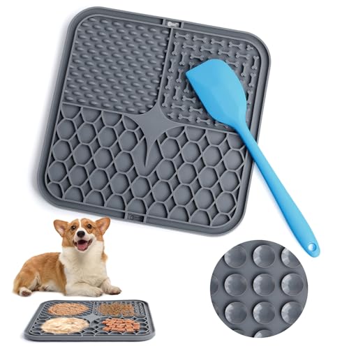 Romon Schleckmatte Hund mit Silikonspatel, 20x20cm Leckmatte Hund mit Saugnapf, 3 Formen Schleckmatte Katzen BPA-Frei, für Hundebaden, Trainieren, Fellpflege (Grau) von Romon