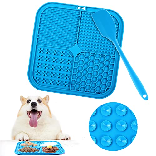 Romon Schleckmatte Hund mit Silikonspatel, 20x20cm Leckmatte Hund mit Saugnapf, 4 Formen Schleckmatte Katzen BPA-Frei, für Hundebaden, Trainieren, Fellpflege (Blau) von Romon