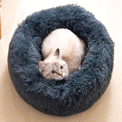 RongQiLBB Hundebetten Katzenbett Φ 70cm Haustierbett Rund Katzenkorb Donut Plüsch Hundekissen Weiches Flauschiges rutschfest Waschbar Hundesofa Haustierbett Groß (70×70×20 cm, Dunkelgrau) von RongQiLBB