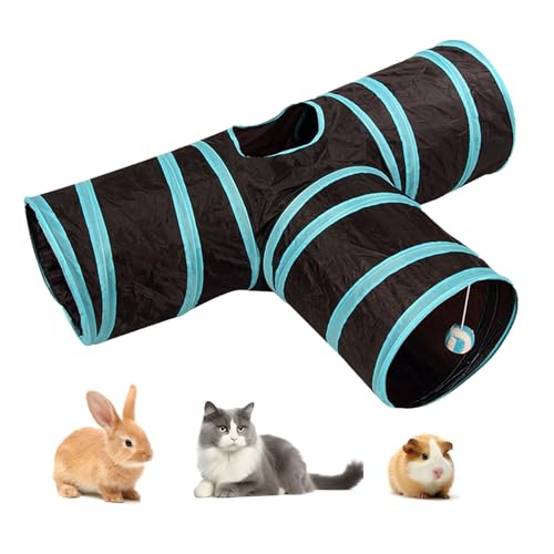 RongQiLBB Katzenspielzeug Katzentunnel 2 Way / 3 Way Zusammenklappbar Haustier Spieltunnel Röhre für Kätzchen Welpeln Kaninchen, Meerschweinchen Indoor und Outdoor (Blau-T) von RongQiLBB