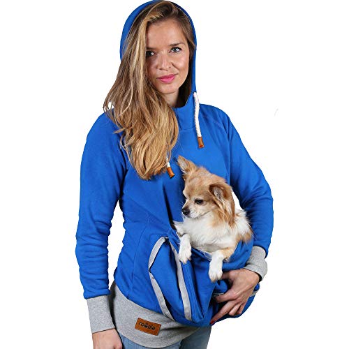 Pet Pouch Hoodie Kleine Haustier Tragetasche – Hund Katze Pouch Hoodie Sweatshirt Känguru Tasche Halter – Keine Ohren – Damen Fit, Blau, XS von Roodie