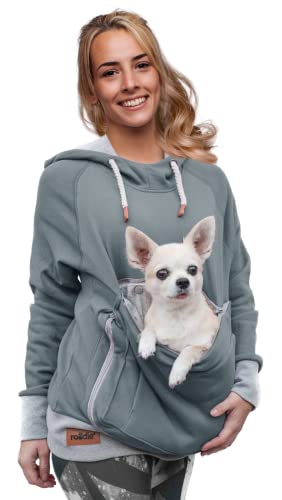 Pet Pouch Kapuzenpullover für kleine Haustiere – Hund Katze Tasche Hoodie Sweatshirt Känguru-Tasche Halter – keine Ohren – Damen Passform - Grau - XX-Large von Roodie