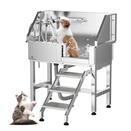 Roomark 86 cm Professionelle Hundebadewanne mit Treppe, Edelstahl Hundepool mit Duschkopf & Schiebetür, Tragfähigkeit 50KG, Hundewanne für Mittlere, Kleine Haustiere, Tierpflegesalon (Linke Tür) von Roomark