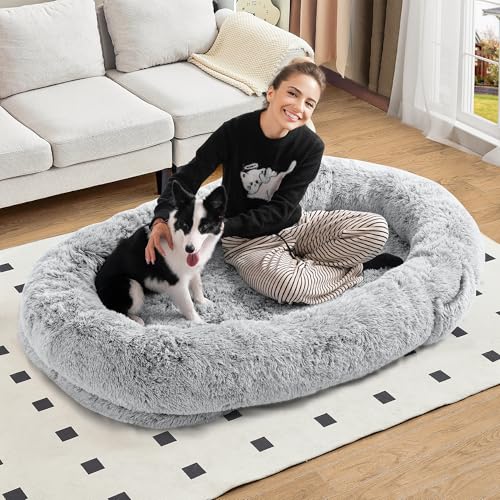 Roomark Menschliches Hundebett, 72 "×48" × 10" Menschliches Hundebett mit Decke und Seitentasche, extra großes menschliches Hundebett für Erwachsene, wasserdichtes, waschbares Kunstpelzgewebe von Roomark