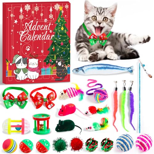 Rorchio Adventskalender für Katzen 2024, 24Pcs Interaktives Kätzchenspielzeug Katzenhalsbänder Sortimente Katze Federstab, Katzenminze Fisch, Mäuse, Bälle und Glocken, Red von Rorchio