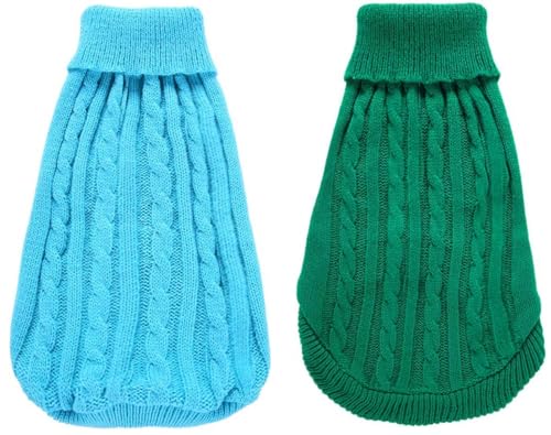 2er-Pack Hundepullover für den Winter, warme Kleidung – weicher Welpen-Rollkragenpullover für Chihuahua, Bulldogge, Dackel, Mops, Yorkie (L, Cyan, Grün) von Roseelk