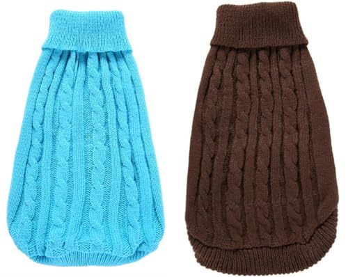 2er-Pack Hundepullover für den Winter, warme Kleidung – weicher Welpen-Rollkragenpullover für Chihuahua, Bulldogge, Dackel, Mops, Yorkie (XL, Cyan, Braun) von Roseelk