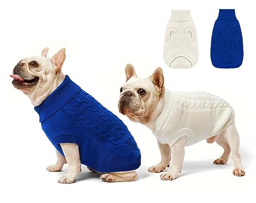 Roseelk Hundepullover für kleine Hunde, warme Kleidung im Winter, Rollkragenpullover für Jungen, Mädchen, Haustier, Hund, Katze, Kätzchen, Chihuahua, Bulldogge, Mops, Beagles (Größe S, Blau, Beige) von Roseelk