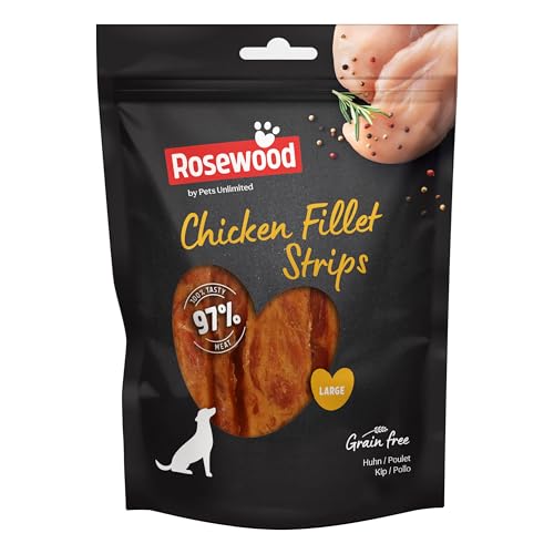 Rosewood Große Hähnchenfilet-Streifen - Weiche Leckerlis für große Hunde, 97% Hähnchen, Hochproteinhaltig, Fettarm, Getreide- und Glutenfrei, 150 g von Rosewood