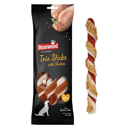 Rosewood Trio Sticks Huhn Large – Feste Kaustangen mit Huhn, Kausnack aus Rinderhaut für große Hunde, unterstützt die Zahnpflege, ohne Getreide und Gluten, ohne künstliche Zusatzstoffe, 240 g von Rosewood