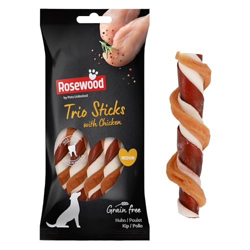 Rosewood Trio Sticks Huhn Medium – Feste Kaustangen mit Huhn, Kausnack aus Rinderhaut für Hunde, unterstützt die Zahnpflege, ohne Getreide und Gluten, ohne künstliche Zusatzstoffe, 90 g von Rosewood