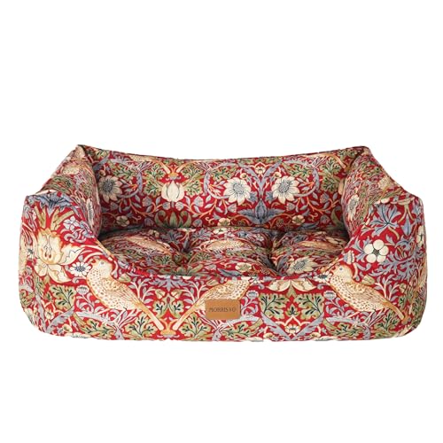 Rosewood x Morris & Co. Strawberry Thief Box Bett für Hunde Großes Hundebett Burgunderrot Gepolsterte Seiten Rutschfester Boden Waschbar Luxus William Morris Print von Rosewood