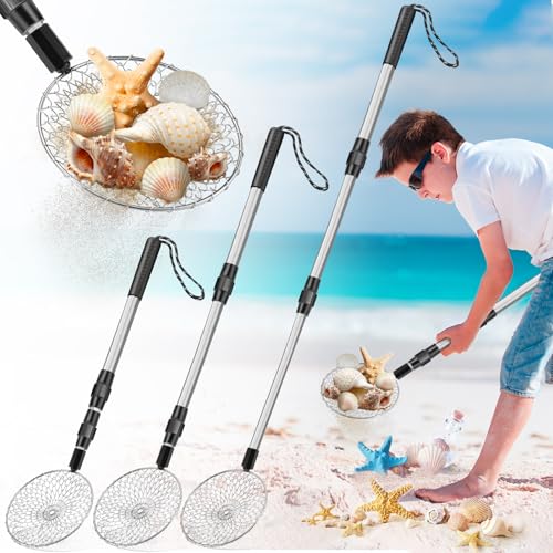 3 Stück verstellbarer Griff Haifischzahnsieb für Strand, Metall-Sandschaufel für Muscheln, Sandschaufel, Muschelschaufel, Sammelwerkzeuge für die Fellpflege am Meer, Jagd, Katzenstreu (55,9 cm - 104,9 von Roucerlin