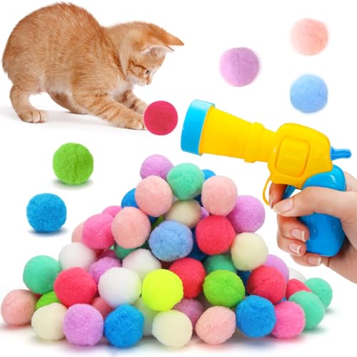 Roucerlin Interaktiver Katzenballwerfer mit 100 Katzen-Pom-Pom-Bällen, 1,2-Zoll-Plüschball-schießendes Katzenpistolenspielzeug, Kätzchen-Katzenspielzeug-Shooter, Katzenspielzeug für gelangweilte Katze von Roucerlin