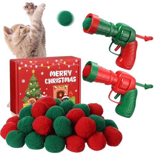 RoundFunny 102 Stück Katzenball-Werfer-Spielzeug mit 100 Plüsch-Katzenspielzeugbällen und 2 Launchern, interaktives Weihnachts-Katzenspielzeug für gelangweilte Indoor-Katzen, Apportierspielzeug, von RoundFunny