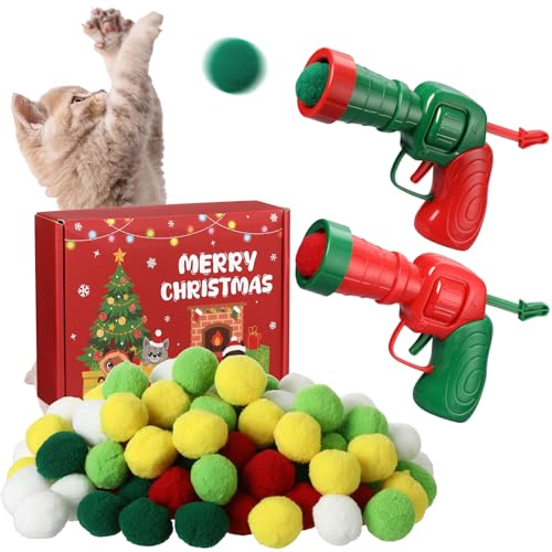 RoundFunny 102 Stück Katzenball-Werfer-Spielzeug mit 100 Plüsch-Katzenspielzeugbällen und 2 Launchern, interaktives Weihnachts-Katzenspielzeug für gelangweilte Indoor-Katzen-Apportierspielzeug, von RoundFunny