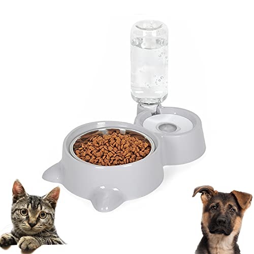 Futternapf, Futternapf Hunde Katzen, Haustier Fressnapf, Automatischer Futternapf Und Wasserspender, Mit 500ml Trinkflasche, Für Hundelfür Kleine Und Mittelgroße Hunde Und Katzen, Grau von Rousey