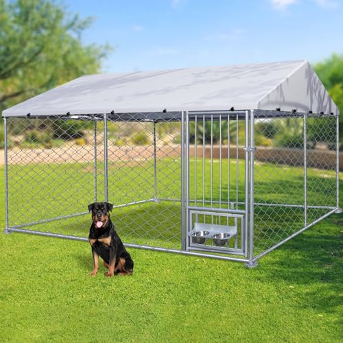 Rovibek Große Outdoor-Hundehütte mit Dach, 3 x 3 m Außen-Hundehütte, robuster Hundezaun mit wasserdichter sonnenfester Abdeckung und 2 Edelstahl-Hundenäpfen von Rovibek