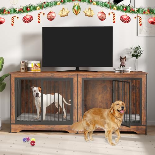 Rovibek Hundebox TV Ständer, 75 Zoll, Doppel Hundebox, Hundekäfig Möbel für 2 Hunde, Hundehütte Indoor mit Doppeltüren, Hundekäfig mit Abnehmbarer Trennwand für Große Mittlere Hunde, Braun von Rovibek