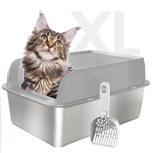 Katzentoilette aus Edelstahl mit Deckel, extra große Katzentoilette für große Katzen, XL, Metall-Katzentoilette mit hohen Wandseiten, nicht klebrig, Anti-Auslauf, einfache Reinigung (Grau) von Royal Claws