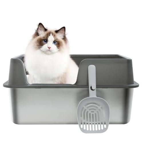 Katzentoilette mit geschlossenen Seiten aus Edelstahl – XL für große Katzen – Edelstahl, einfache Reinigung, hohe Seiten, 1 Pfanne mit Gehäuse von Royal Claws
