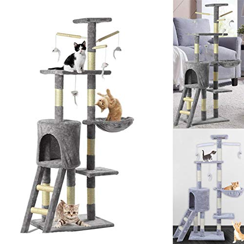 Kratzbaum für Katzen (grau) mit Katzenbaum, Deluxe-Komfort-Zone mit Hängematte, baumelndes Spielzeug, mehrstöckiges Kletterhaus, Sisalseil überzogen, Indoor-Kitty-Spielcenter von Royalswill