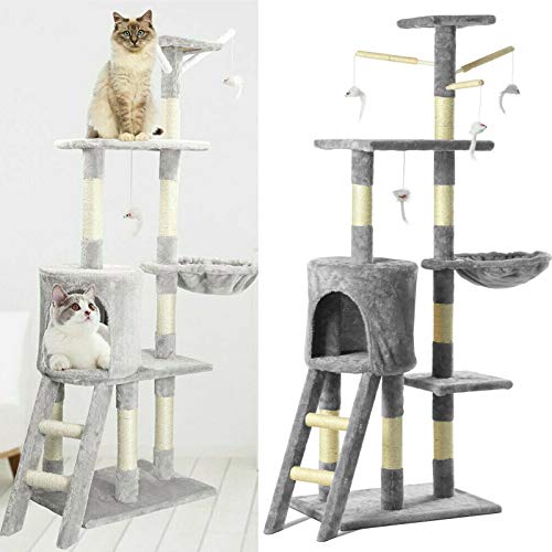 Spielstation für Katzen mit mehreren Ebenen, mit stabilen Sisal-Kratzstämmen, Hängematte, Plüsch-Sitzstangen für drinnen und draußen, Grau von Royalswill