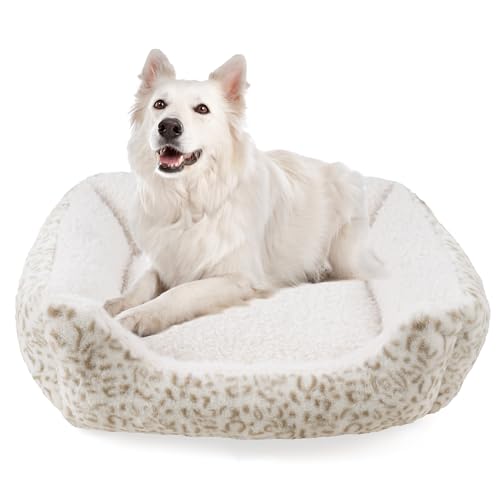 Roypet Weiches Hundebett, Anti-Angst-Welpen-Kuschelbett für Welpen, Hunde und Katzen, rechteckig, waschbar, Leopardenmuster, Farbe mit Matratze, cremefarben, Größe L von Roypet