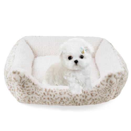 Roypet Weiches Hundebett, Anti-Angst-Welpen-Kuschelbett für Welpen, Hunde und Katzen, rechteckig, waschbar, Leopardenmuster, Farbe mit Matratze, cremefarben, Größe S von Roypet