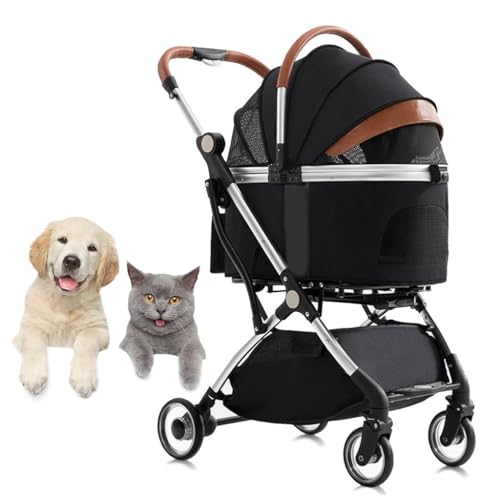 Haustier-Kinderwagen, Faltbarer Hunde-Kinderwagen mit Regenschutz, Hunde-Kinderwagen für mittelgroße kleine Hunde, teilbarer Haustier-Katzen-Hunde-Kinderwagen, Trolley, Reiseträger mit Getränkeh von RsFiL