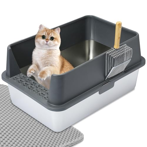 Katzentoilette aus Edelstahl, extra große Katzentoilette für große Katzen, XL-Metall-Katzentoilette mit Deckel, leicht zu reinigen, antihaftbeschichtet, Katzenmatte und Metallschaufel von RuanSS