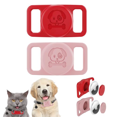 Ruayia Hülle für AirTag Hundehalsband Halter, [2 Stück] GPS Silikon Schutz für Halter Haustiere, Hund, Katze, Abdeckung, Zubehör, kompatibel mit Tracker, Kratzfest, stabil, leicht - Rosa + Rot von Ruayia