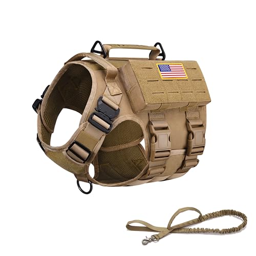 RubRab 2024 Taktisches Hundegeschirr mit Griff, Militärisches Arbeitstraining, Molle-Weste mit Metallschnallen und Schlaufeneinsätzen, kostenlose Bungee-Hundeleine (XL, Braun) von RubRab