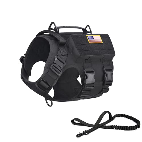 RubRab 2024 Taktisches Hundegeschirr mit Griff, Militärisches Arbeitstraining, Molle-Weste mit Metallschnallen und Schlaufeneinsätzen, kostenlose Bungee-Hundeleine (XL, Schwarz) von RubRab