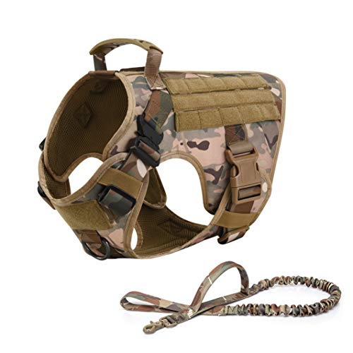 RubRab Taktische Hundegeschirrweste mit Griff, Militär-Arbeitstraining, MOLLE-Weste mit Metallschnallen und Schlaufeneinsätzen, Bungee-Hundeleine (L, Camouflage-Geschirr mit Leine) von RubRab