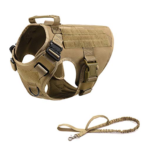 RubRab Taktisches Hundegeschirr, Weste mit Griff, Militär, Arbeitstraining, Molle-Weste, mit Metallschnallen und Schlaufeneinsätzen, XL Neck (20-28"). Chest (32-40”), Braunes Geschirr mit Leine von RubRab