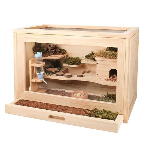 Hamsterkäfig und Versteck aus Holz (59,9 cm L x 39,9 cm B x 39,9 cm H) für Kleintiere, syrischer Hamster, Meerschweinchen, Rennmäuse, 2 Etagen mit Ablage und Leiter, wasserdichte Ausziehschale, von Rubor