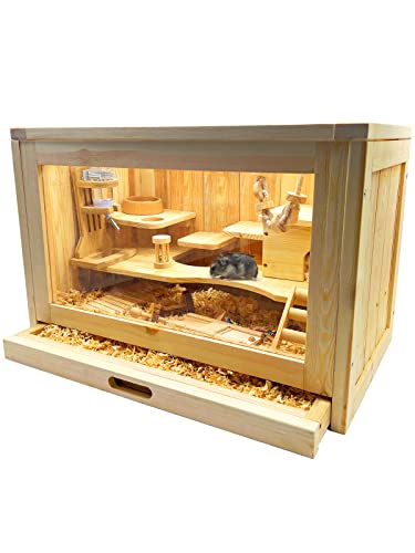 Rubor Hamsterkäfig aus Holz, Kleintiere, Haushaus, Habitat-Stall für Zwerghamster, Meerschweinchen, Chinchilla, 2-stöckig mit Ablage und Leiter, herausziehbares Tablett, Naturholz von Rubor