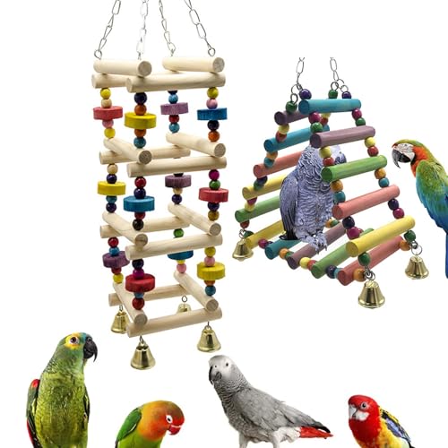 Bunt Klettern Vogel Leiter 45cm Lang Holzleiter Dreieck Vogel Spielzeug Vogelkäfig Hängend Vogelspielzeug Brücke mit Weidenkugel für Wellensittiche Papagei Nymphensittich (A) von Rubu22a