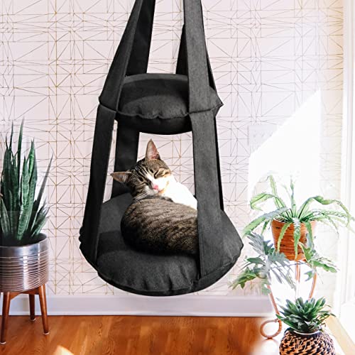 Rucener 2-Stufig Katze Hängematte Katzenschaukel Hängend Bett Katzenhängematte aus Makramee Makramee katzenhängematte Katze Makramee Hängematte Katzenschaukel Katzenschaukeln Zum 50*50*120 CM Schwarz von Rucener