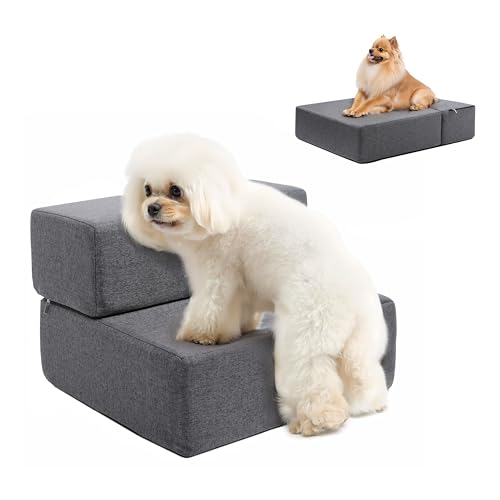 Rucener Klappbar 45cm Breit Hundetreppe für Kleine Hunde, 30cm Hoch Schaum Hunderampe für Sofa & Bett, 2 Stufen Katzentreppe für Alte Katzen, Hundetreppe Auto mit Leinen von Rucener