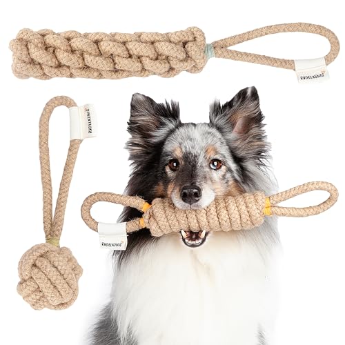 Rudelkönig Seilspielzeug für Hunde aus 100% Naturhanf - 3er Set Hundeknoten - Hundespielzeug unzerstörbar - Zerrspielzeug für kleine und große Hunde von Rudelkönig