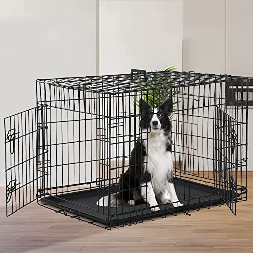 48 Zoll Hundekäfig Hundekäfig für große Hunde Faltbar Mental Draht Hundehütte Outdoor und Indoor mit Doppeltür-Trennwand Panel Abnehmbarer Tablett und Griff von Ruesleag