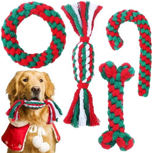 Rufevee 4 Stück Hundeseil-Spielzeug-Set für Weihnachts-Zuckerrohr-Haustier-Kauseil-Spielzeug aus Baumwoll Seil, Hundes pielzeug für mittelkleine Hunde käfige von Rufevee