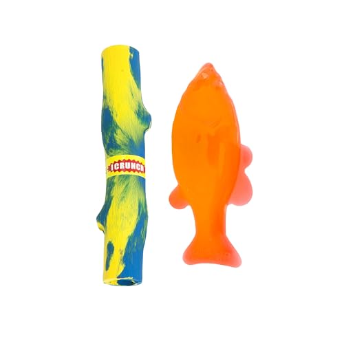 Ruff Dawg Minnow & Twig Crunch Bundle: strapazierfähiges, schwimmendes Hundespielzeug aus Gummi – Crunch-Sound, perfekt zum Kauen und Apportieren – hergestellt in den USA, Neonfarben von Ruff Dawg