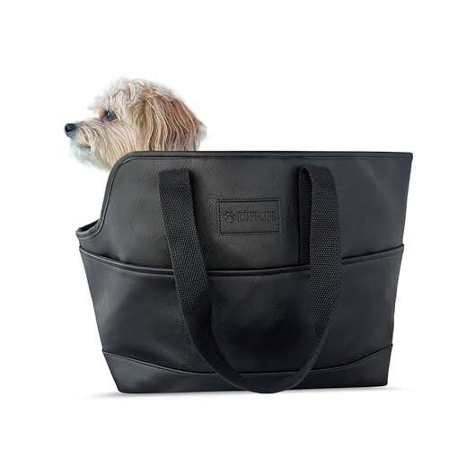 RUFFLIFE Luxuriöse Transporttasche aus veganem Leder mit Komfortkissen und mehreren Taschen – ergonomische Haustier-Reisetasche für kleine Hunde und Welpen von RuffLife